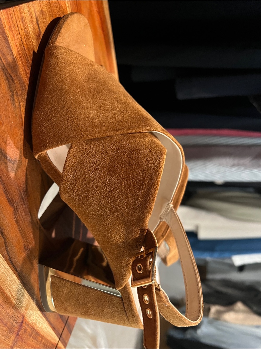 Halston Tan Suede Open-Toe Block Heel Sandals